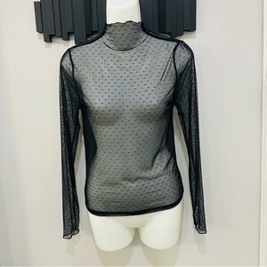 Serra Black Sheer Mesh Polka Dot Mock Neck Long Sleeve Fitted Blouse Top Size S